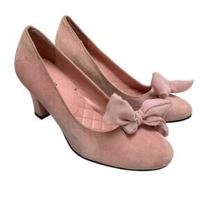 CAMI Genuine Suede Leather Pink Chunky High Heels Pumps Block Bow Round Toe sz 6